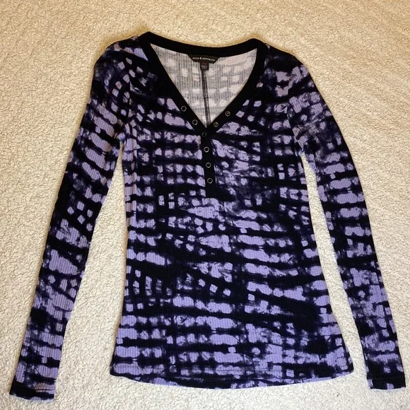 Rock & republic womens shirt tie-dye black purple snap button ribbed XS - Picture 4 of 16